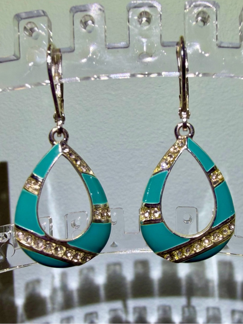 NWOT Turquoise Enamel & Silver Tone Teardrop Crystal Accent Pierced Earrings